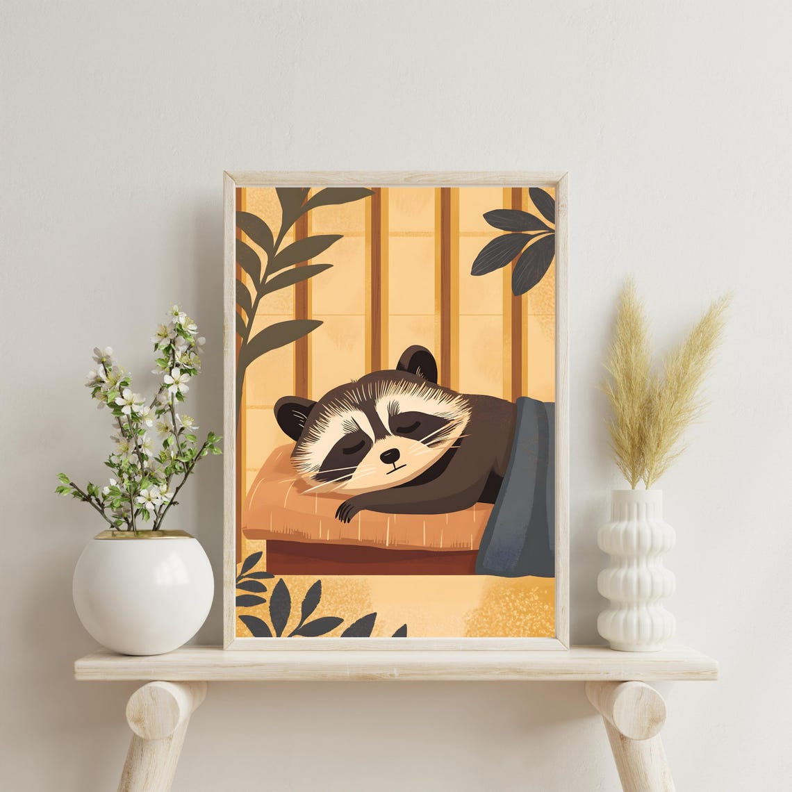 Sleeping Raccoon Napping On A Cushion In Warm Autumn Tones Poster - Image 4