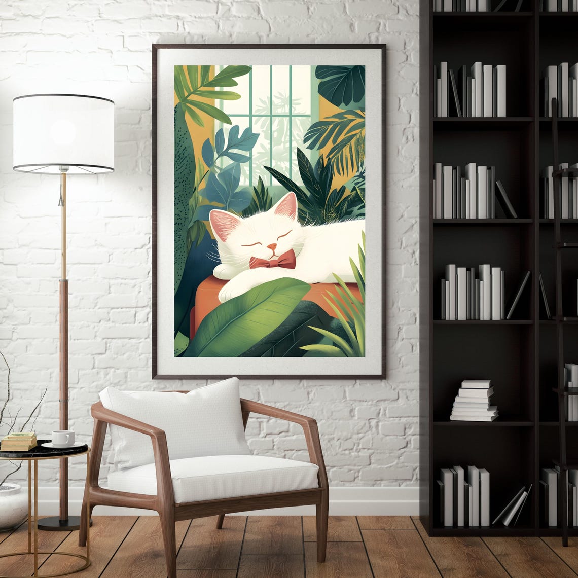 White Cat With Red Bow Tie Sleeping Among Tropical Plants Poster - Image 2