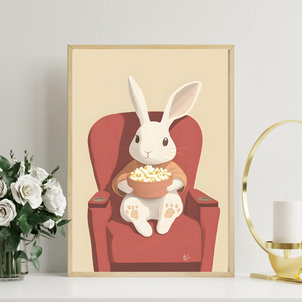 White Bunny Eating Popcorn in Red Armchair Movie Night Poster - Image 2