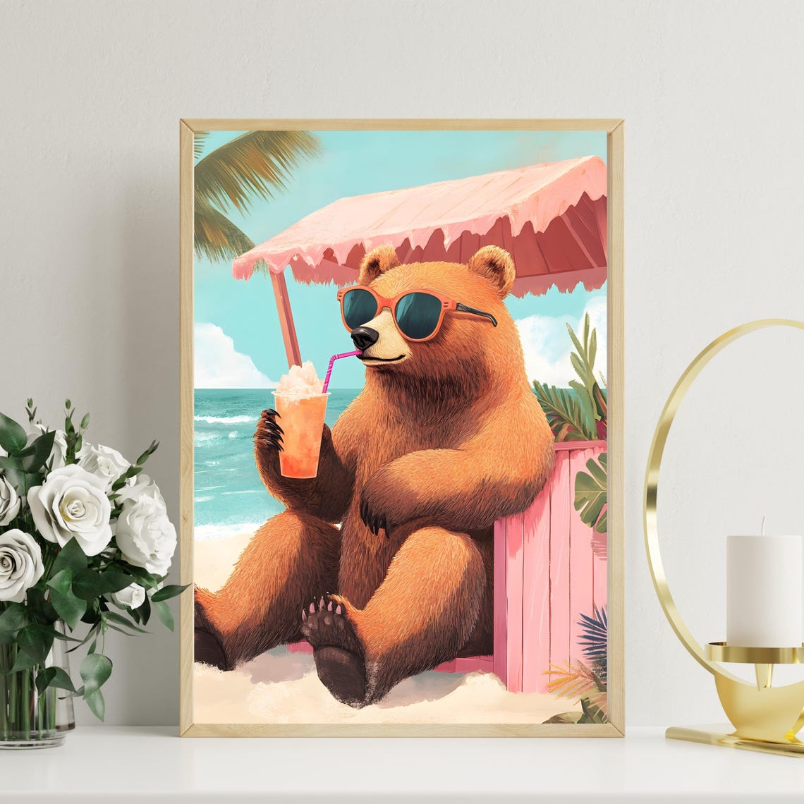 Brown Bear in Red Sunglasses Sipping Drink at Pink Beach Cabana Poster