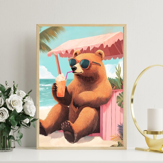 Brown Bear in Red Sunglasses Sipping Drink at Pink Beach Cabana Poster
