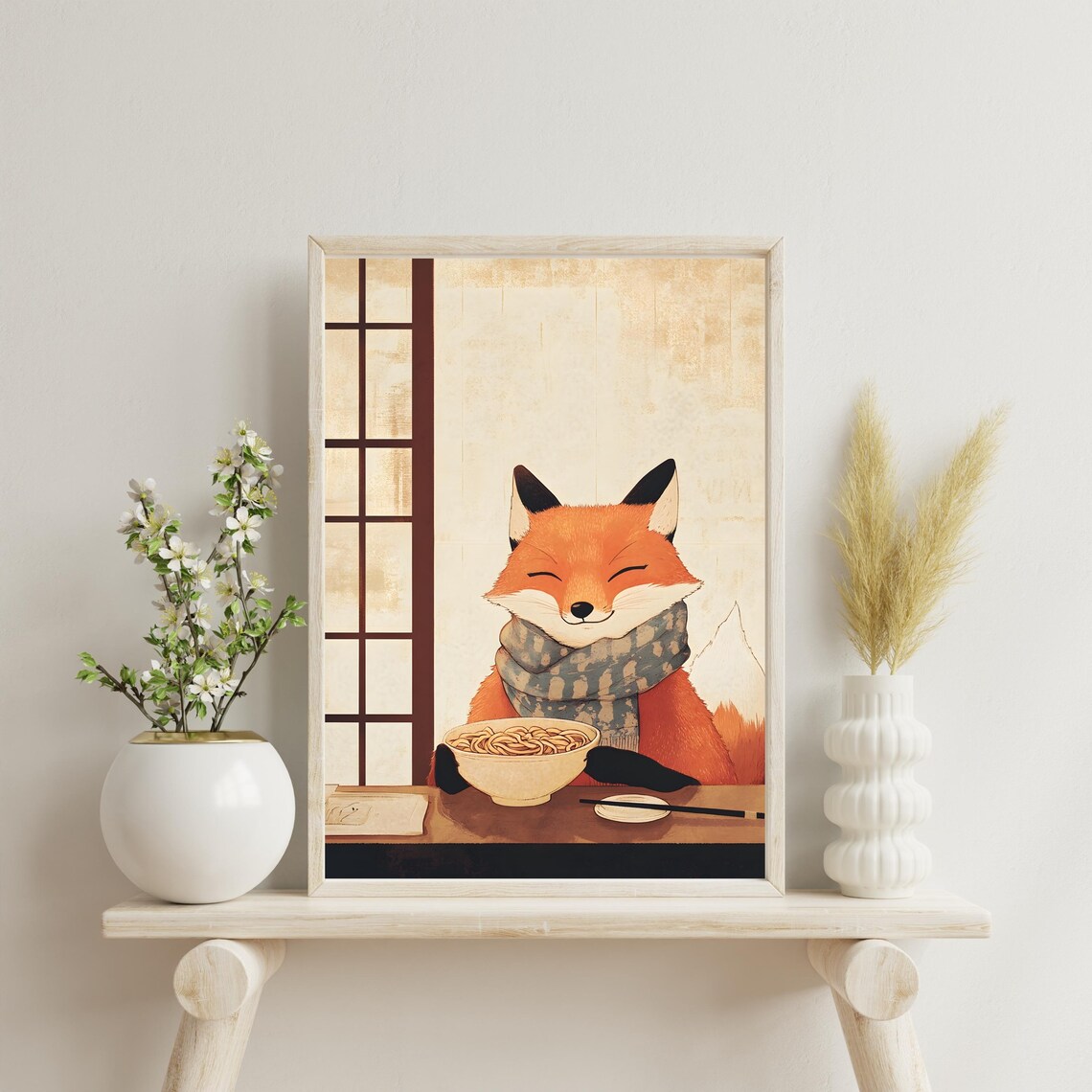 Happy Red Fox in a Patterned Scarf Savoring a Steaming Noodle Bowl Poster - Image 3
