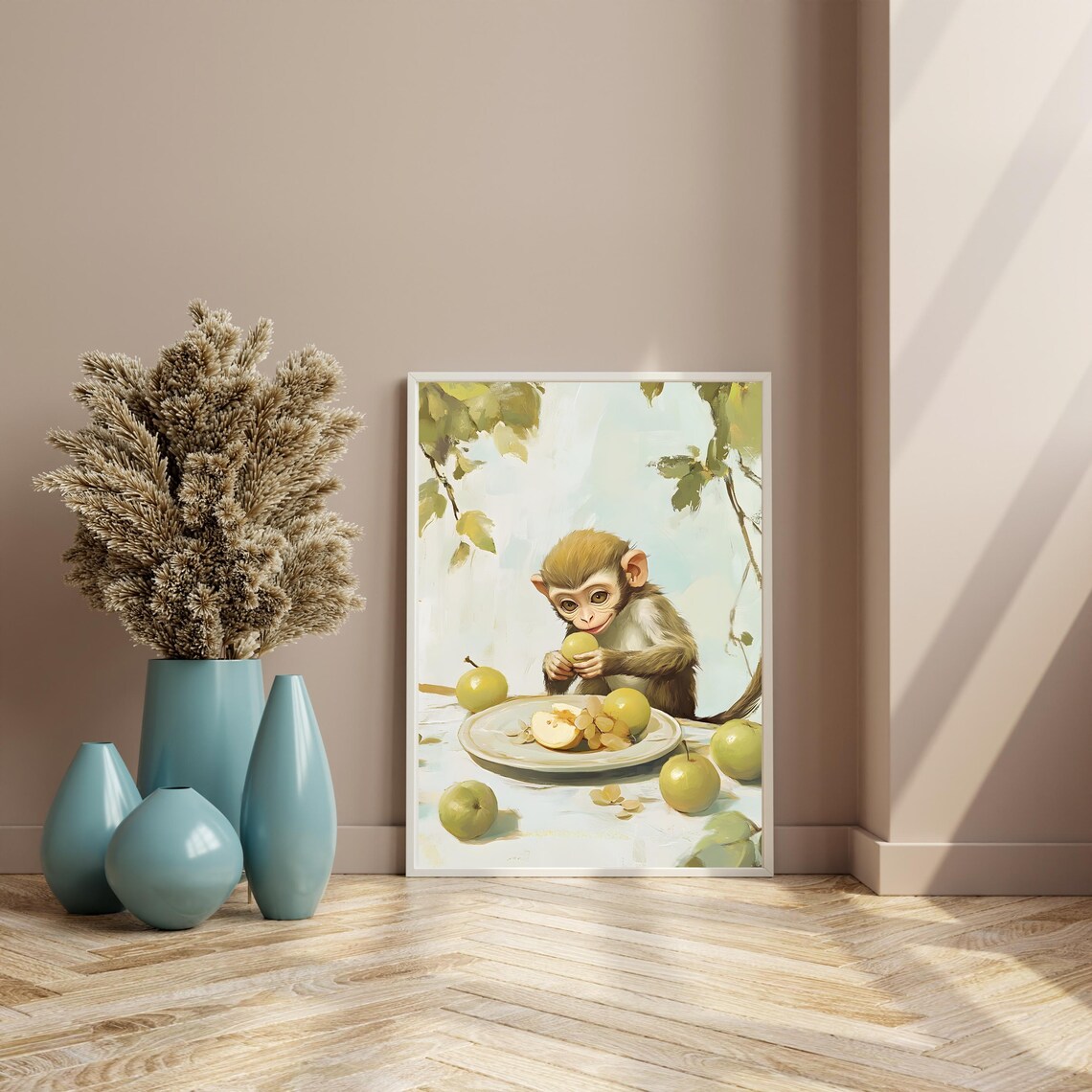 Wide-Eyed Baby Monkey Munching Green Apples at a Fruit-Laden Table Poster - Image 8