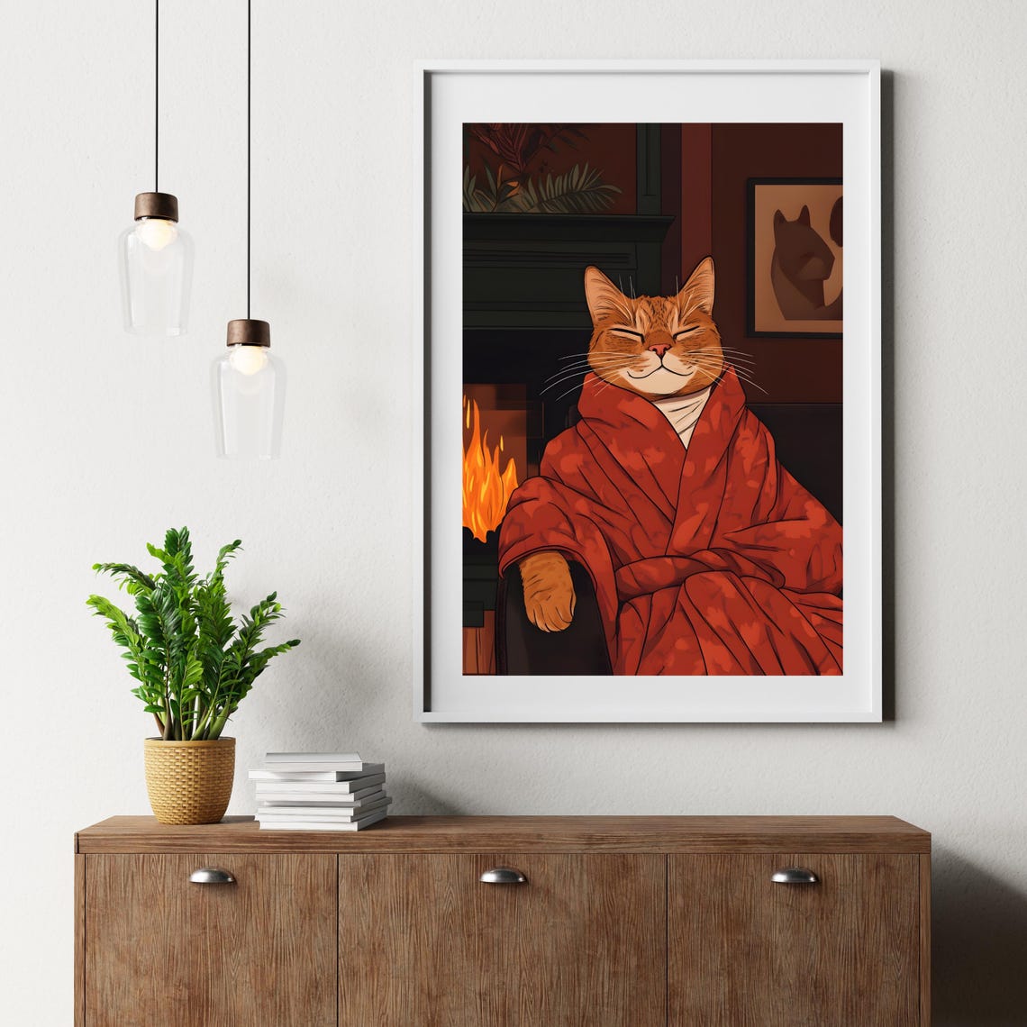 Cozy Ginger Cat in a Red Robe Relaxing by the Fireplace Poster - Image 6