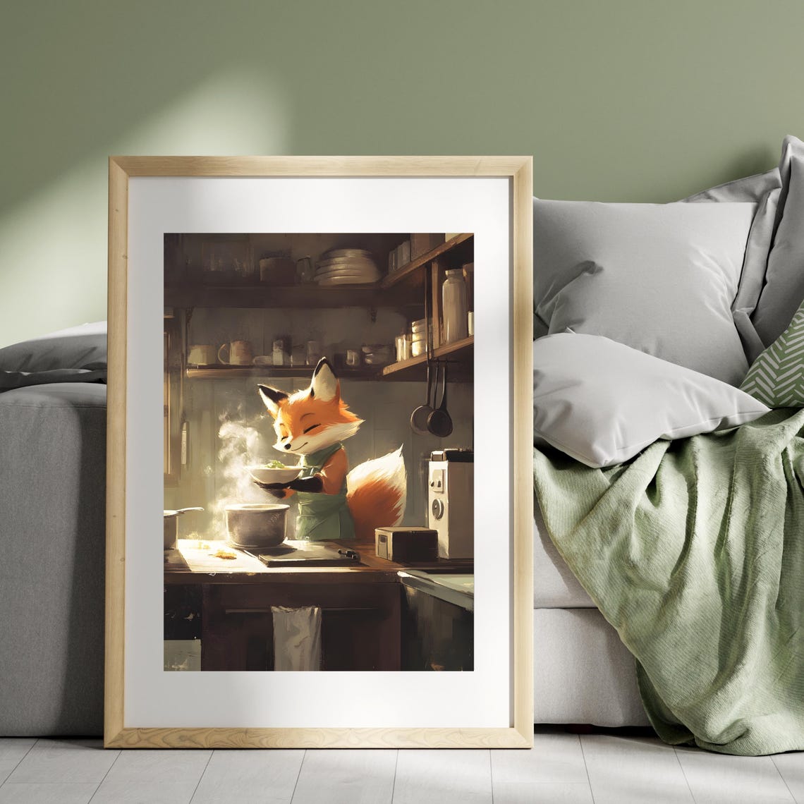 Red Fox Chef Tasting a Steaming Bowl in Cozy Dark Kitchen Poster - Image 2