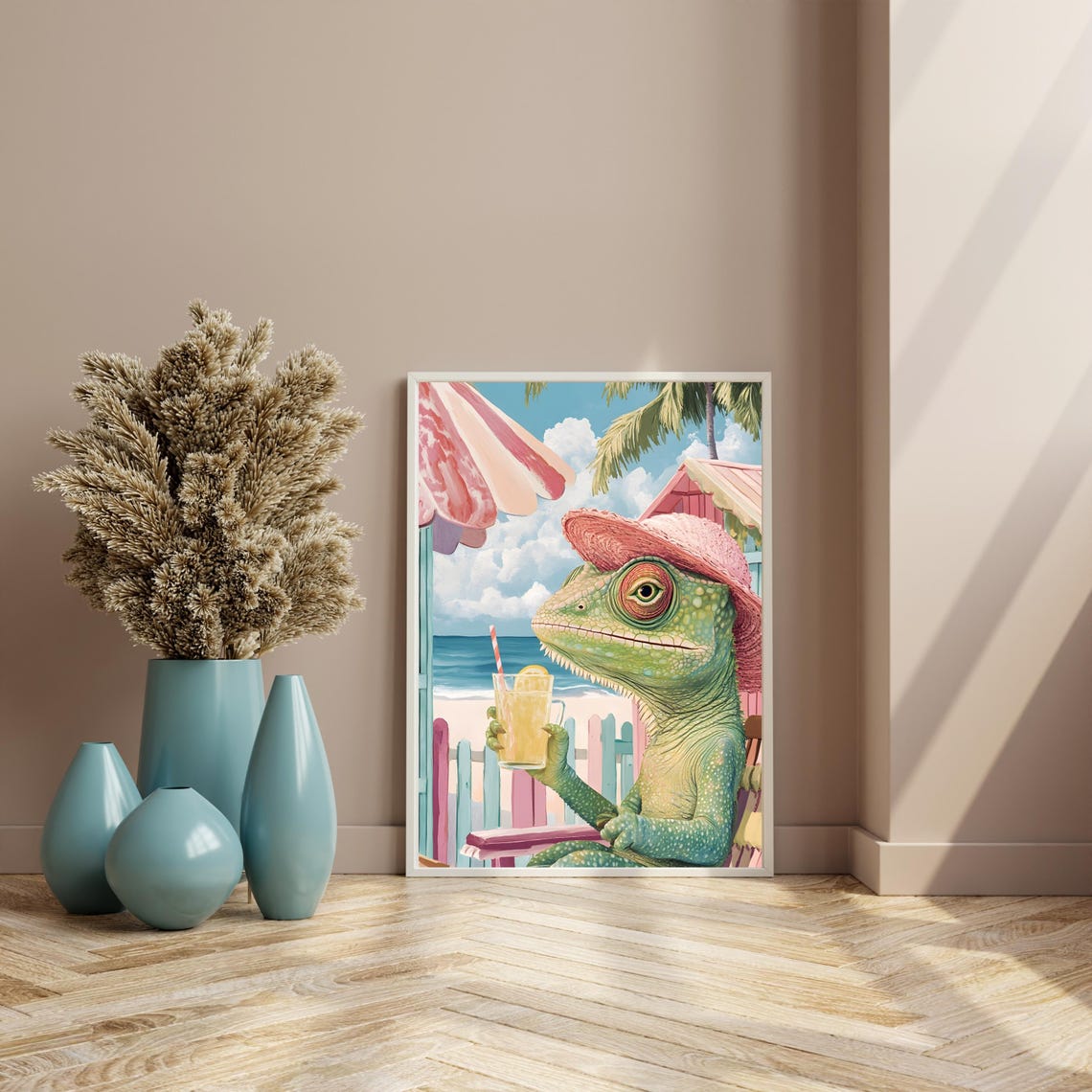 Chameleon in Pink Straw Hat Sipping Lemonade at Beach Poster - Image 4