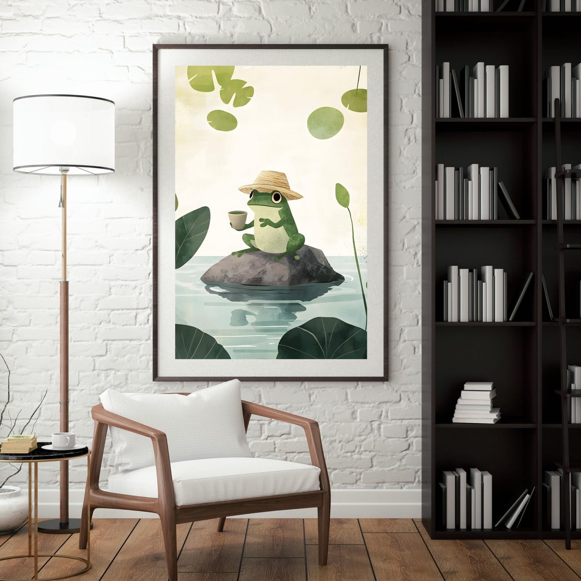 Sweet Cute Frog in Straw Hat Sipping Tea Atop a Pond Rock Poster - Image 6