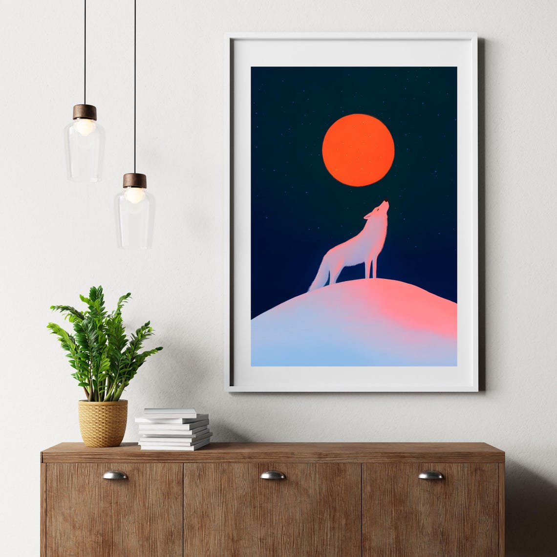 White Wolf Howling At Giant Red Moon Starry Night Sky Art Poster - Image 2