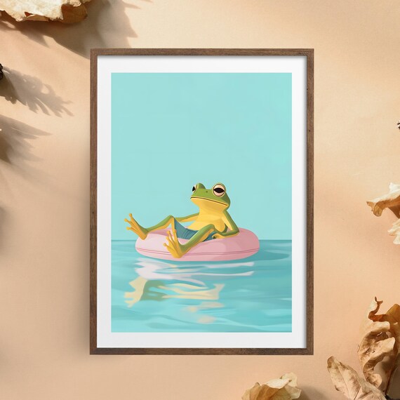 Relaxed Frog Floating On A Pink Pool Ring Summer Pool Art Poster