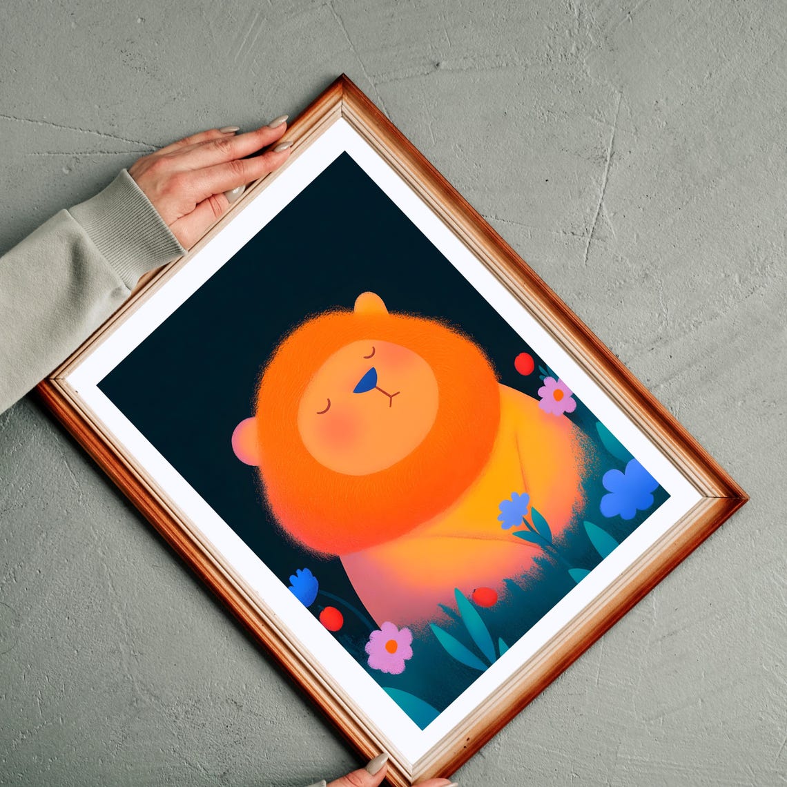 Sleeping Orange Lion Resting Among Flowers on Dark Teal Poster - Image 4