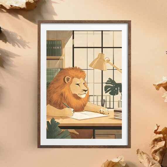 Focused Lion Writing at Office Desk Whimsical Animal Office Poster