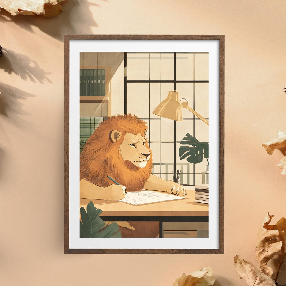 Focused Lion Writing at Office Desk Whimsical Animal Office Poster