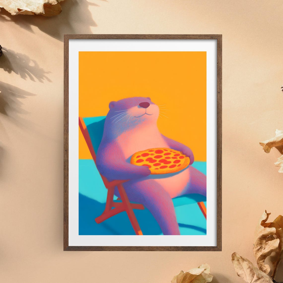 Relaxed Purple Otter Holding Pepperoni Pizza on Beach Chair Poster - Image 4
