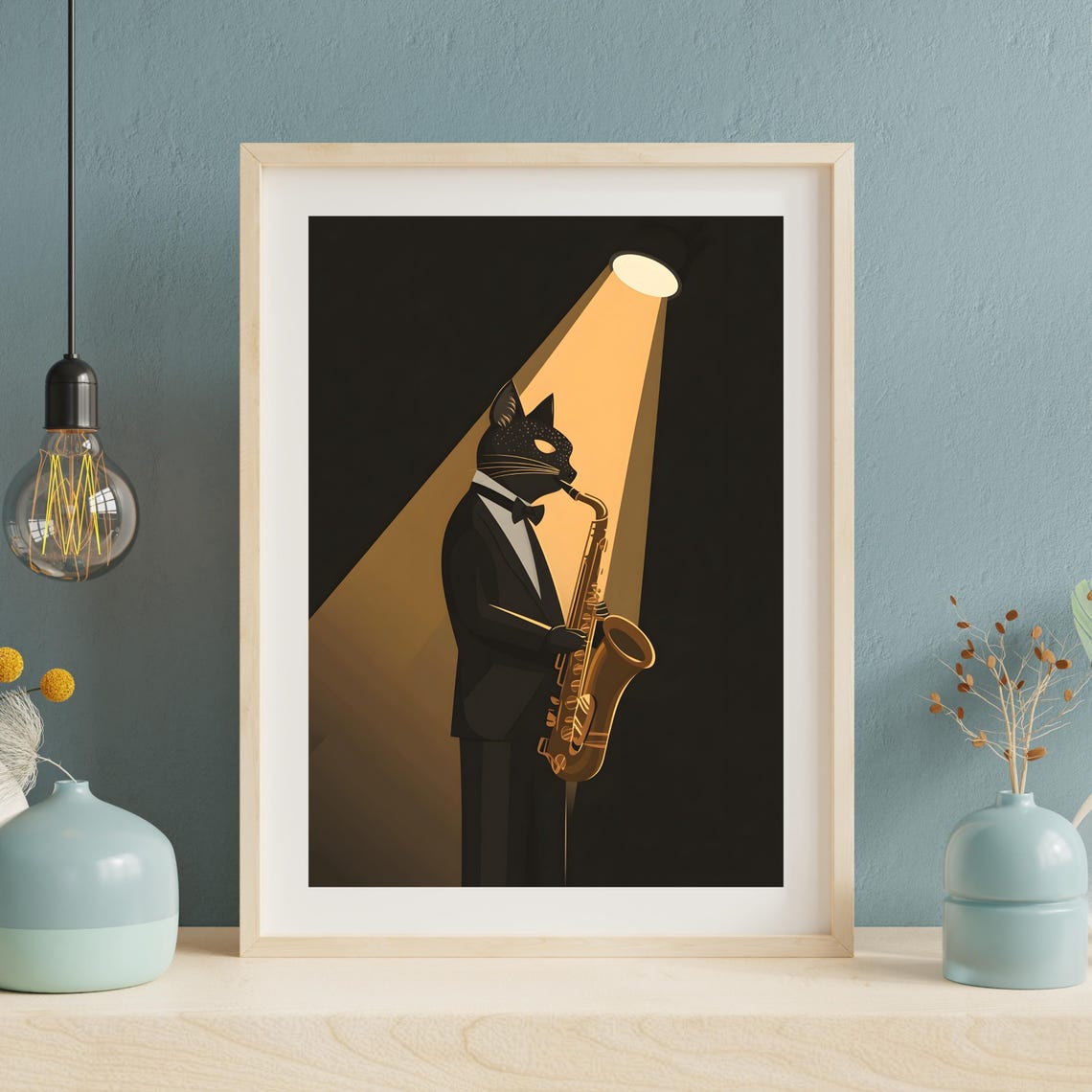 Black Cat in Tuxedo Playing Saxophone Under Spotlight Poster - Image 2