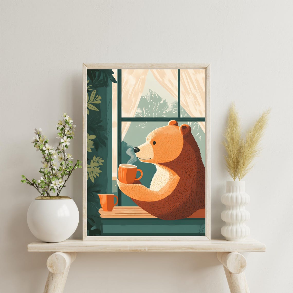 Cozy Brown Bear Drinking Coffee by a Sunny Forest Window Poster - Image 2