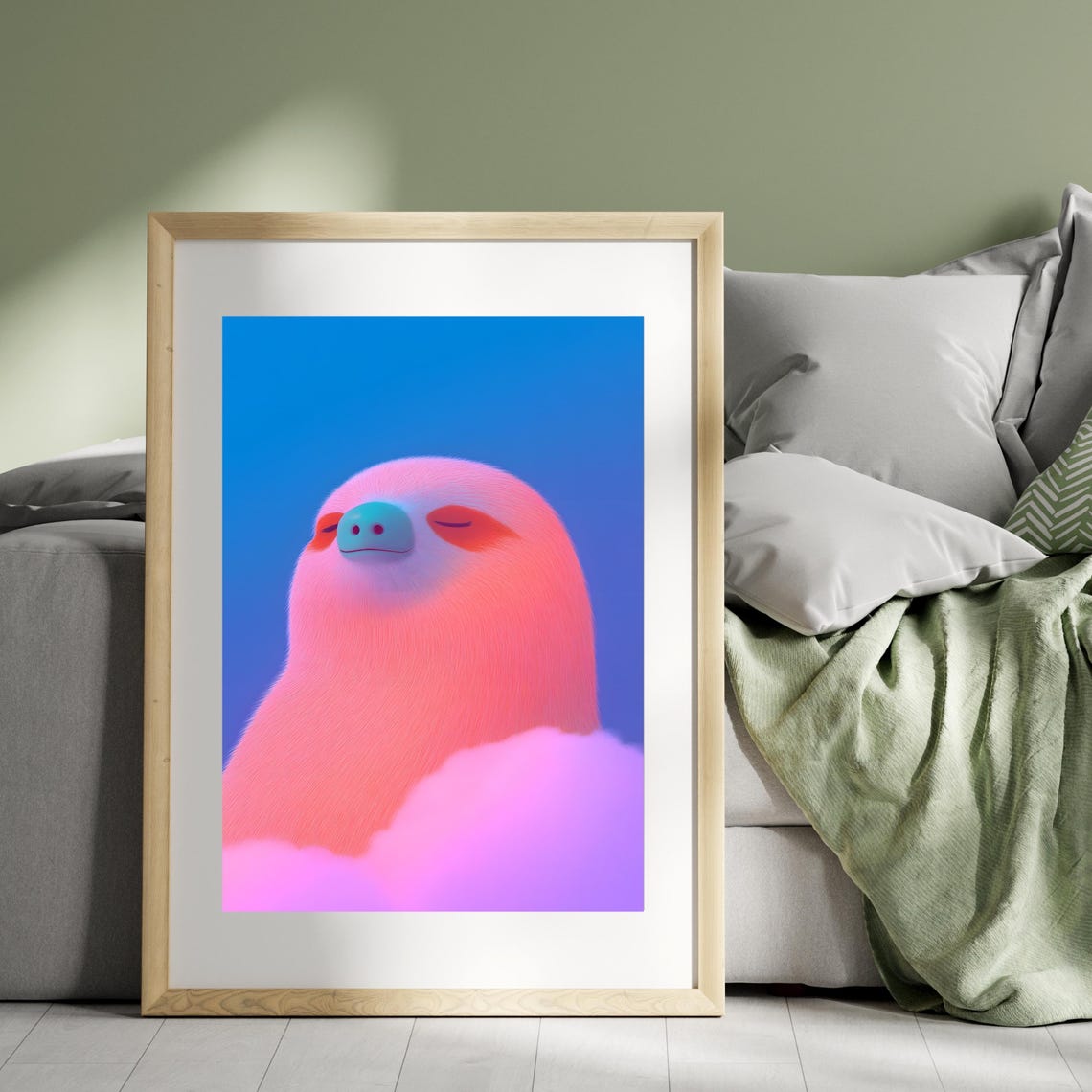 Dreamy Pink Sloth Resting Peacefully Among Soft Pastel Clouds Poster - Image 2