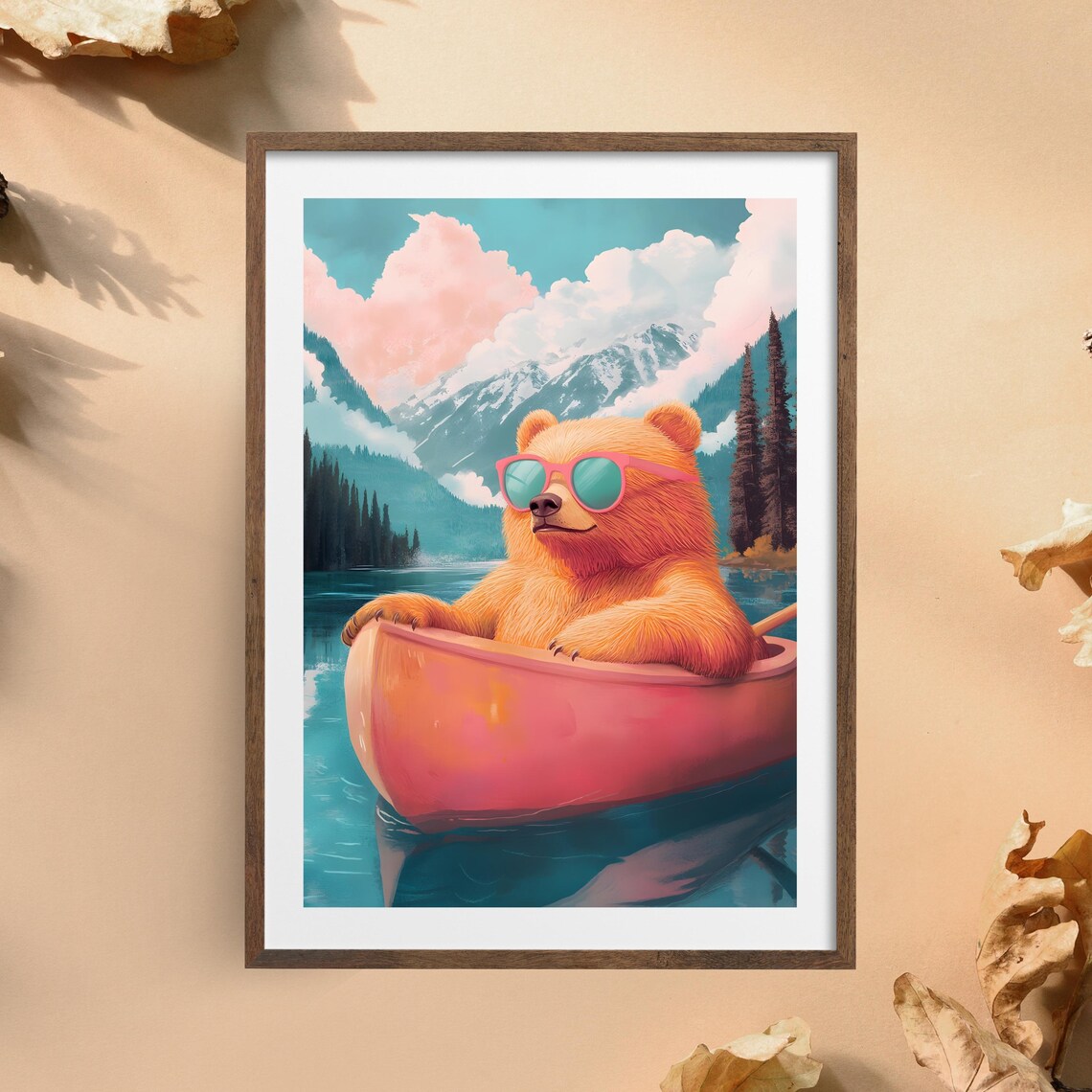 Relaxed Orange Bear in Pink Sunglasses Drifting in a Pink Canoe on a Lake Poster - Image 4