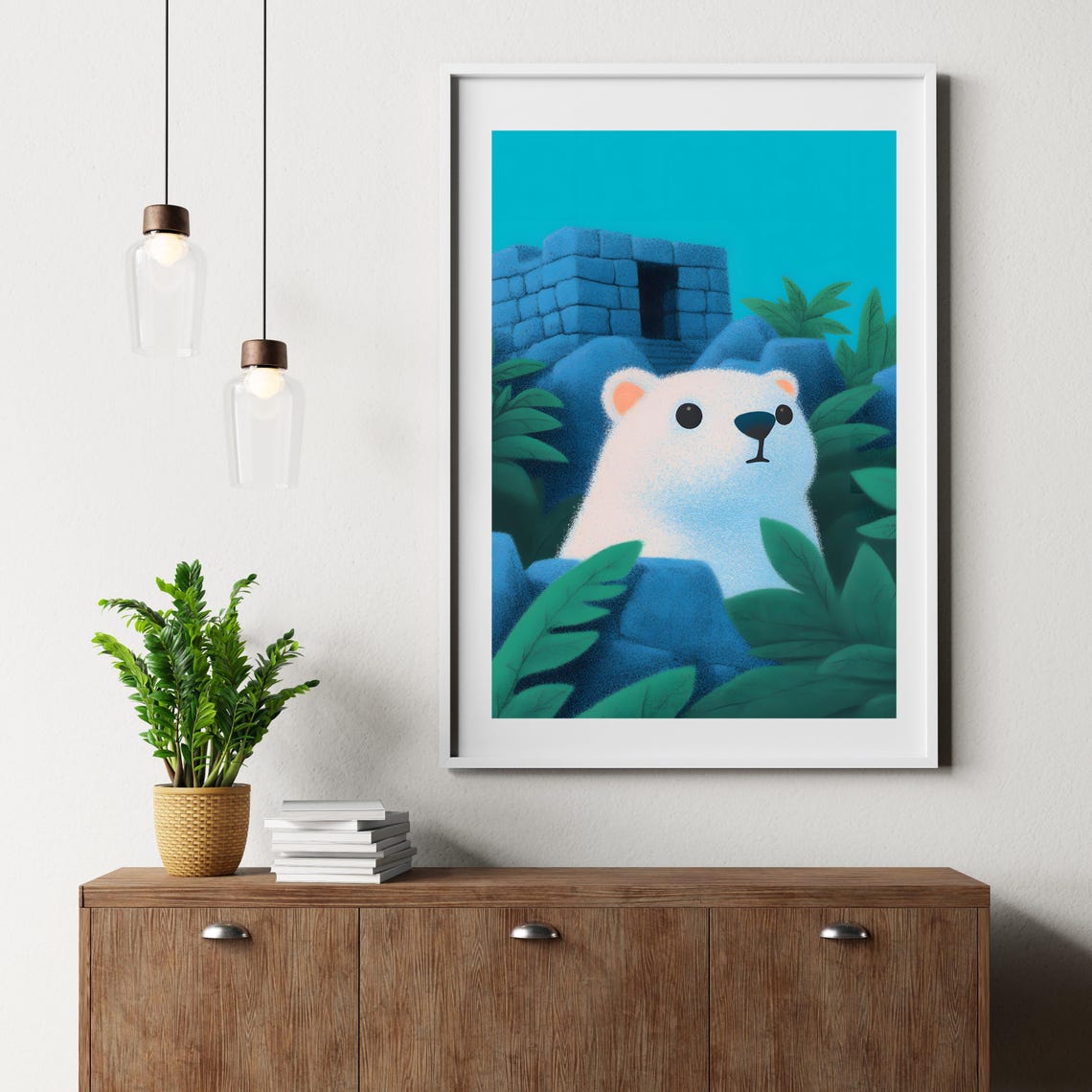 Curious White Polar Bear Peeking Through Jungle Leaves Art Poster - Image 2