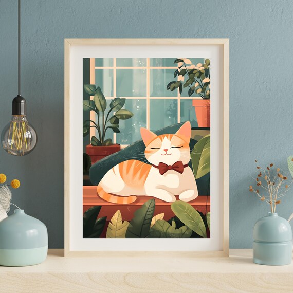 Dapper Orange Tabby Cat in a Red Bow Tie Relaxing by a Sunny Window Poster