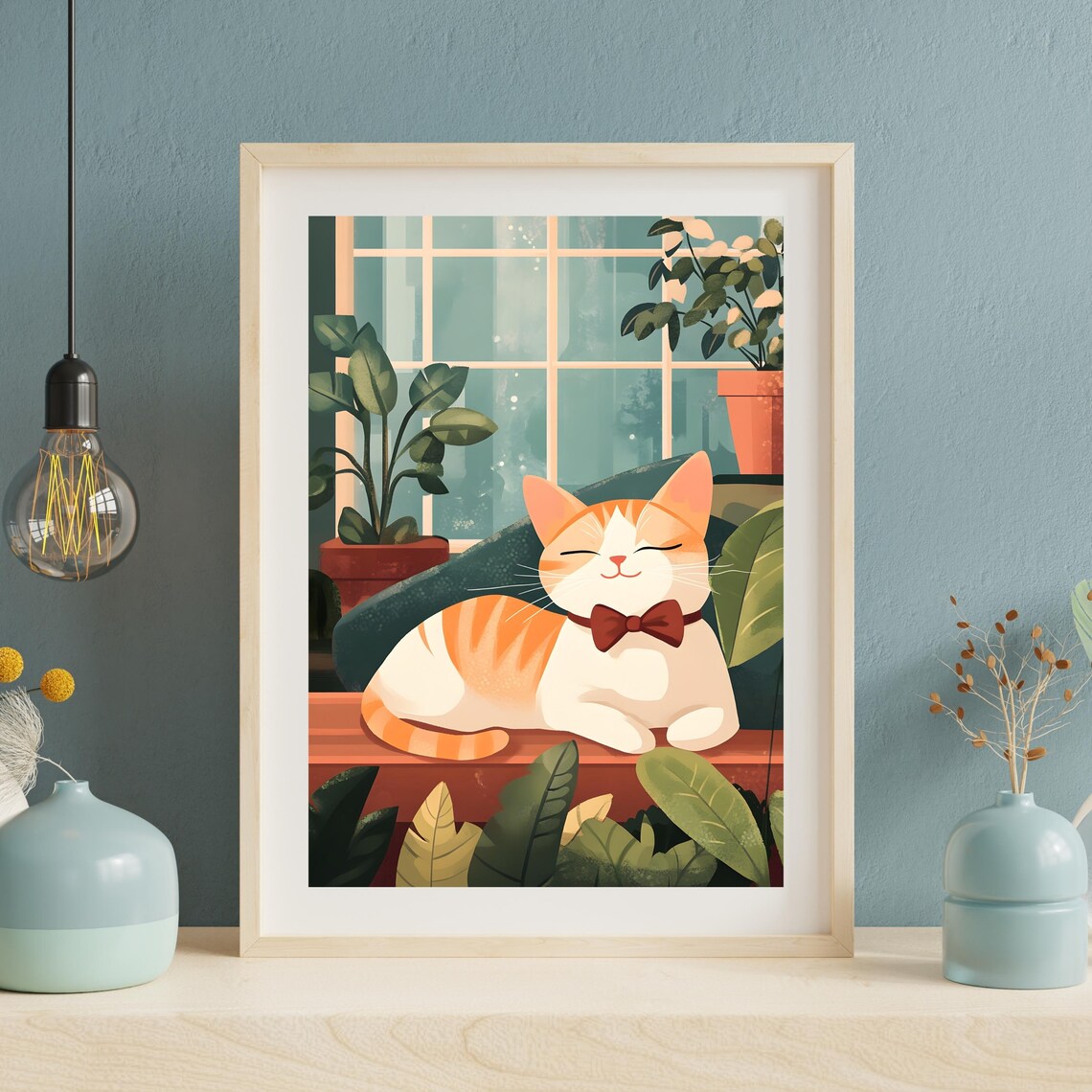 Dapper Orange Tabby Cat in a Red Bow Tie Relaxing by a Sunny Window Poster