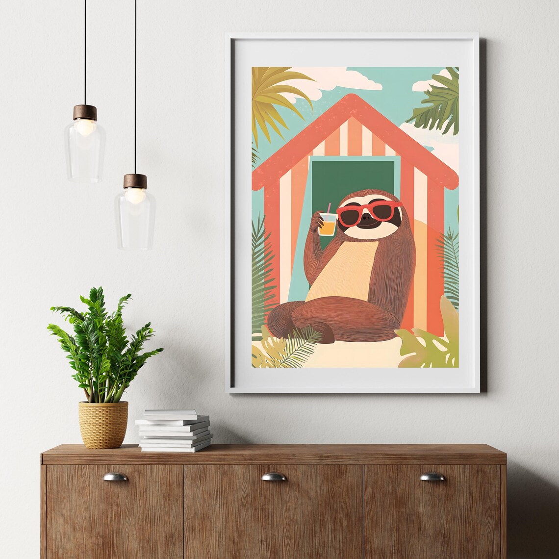 Chill Sloth in Red Sunglasses Sipping Juice Before a Striped Beach Hut Poster - Image 2