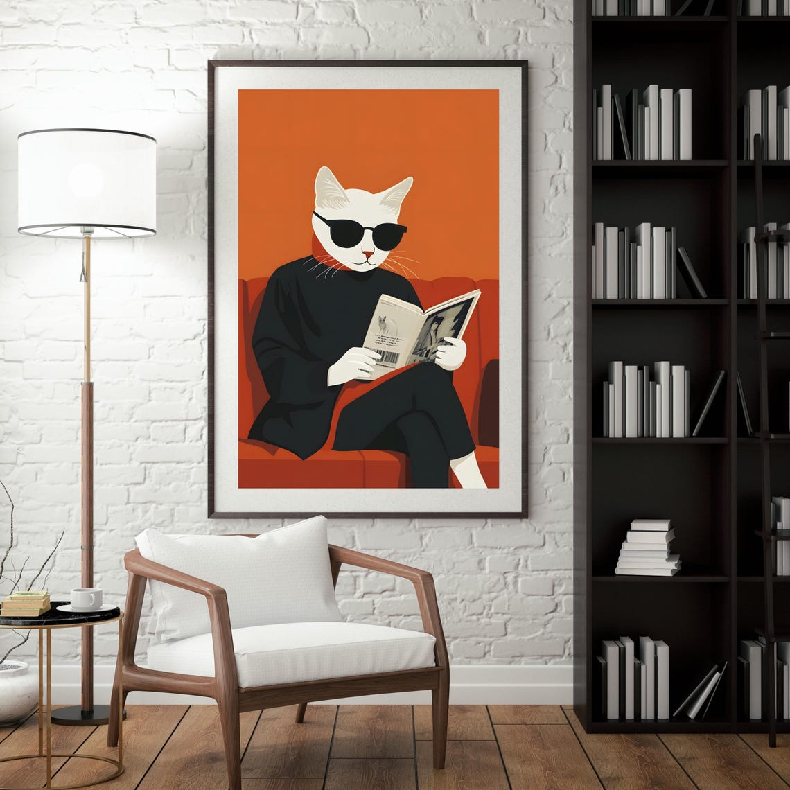 White Cat in Sunglasses Reading Newspaper on Red Sofa Poster - Image 5