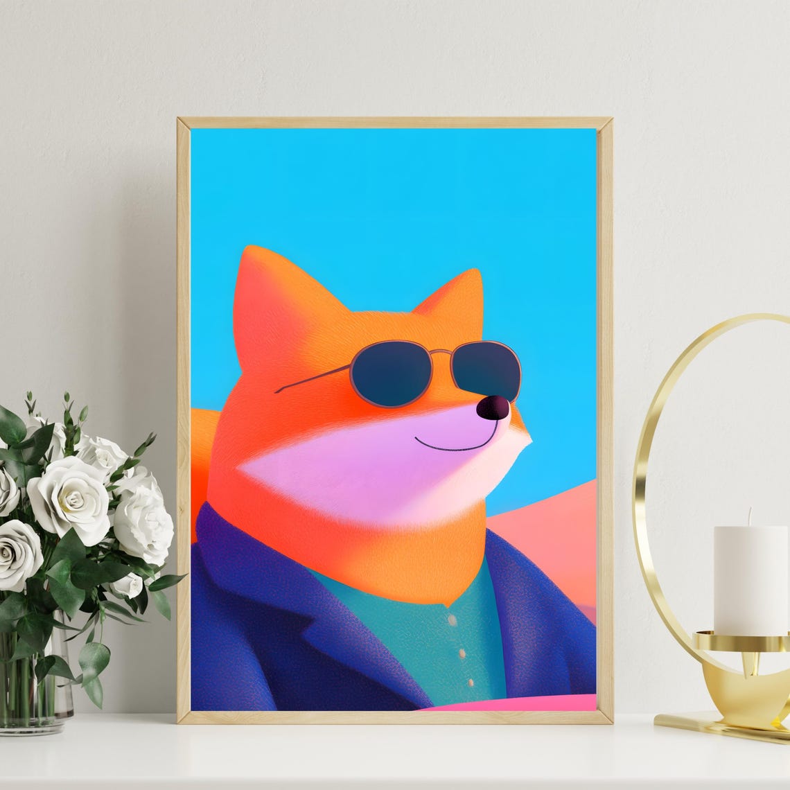 Stylish Orange Dog in Round Sunglasses and Navy Blazer Poster
