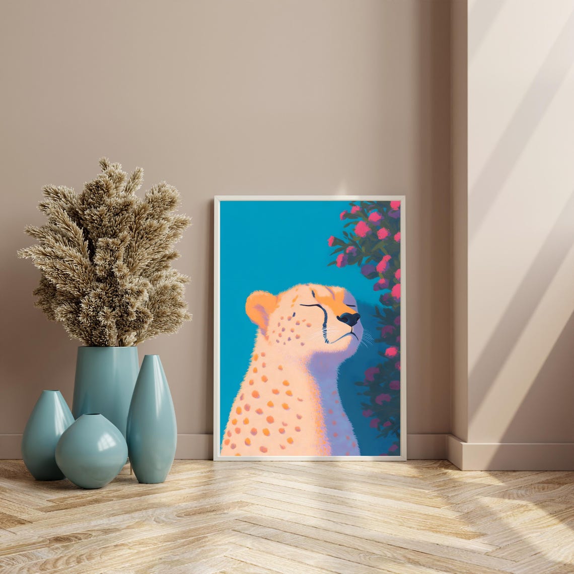 Peaceful Cheetah Smelling Pink Flowers On Teal Background Poster - Image 4