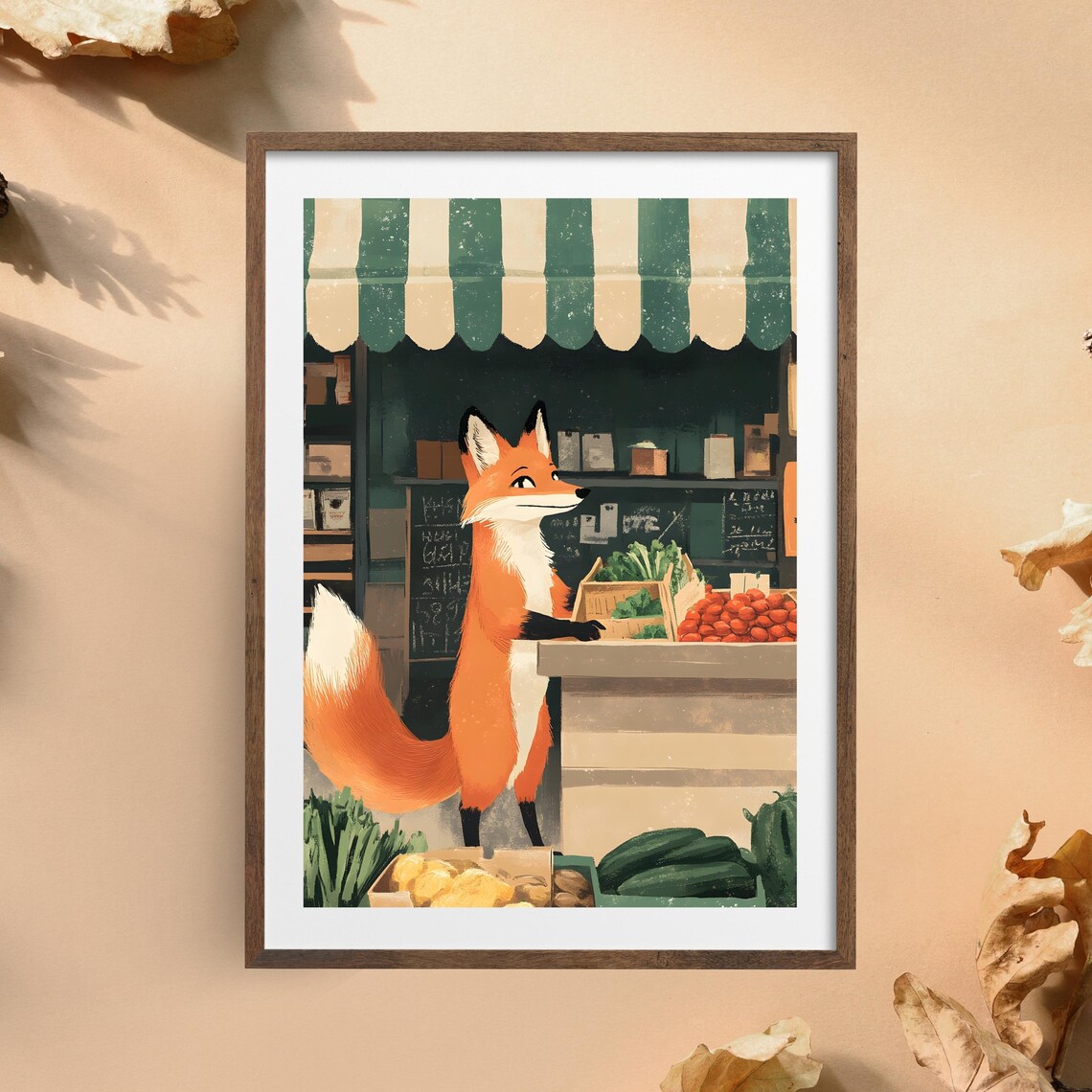 Clever Red Fox Browsing a Farmers Market Vegetable Stall Under an Awning Poster - Image 4