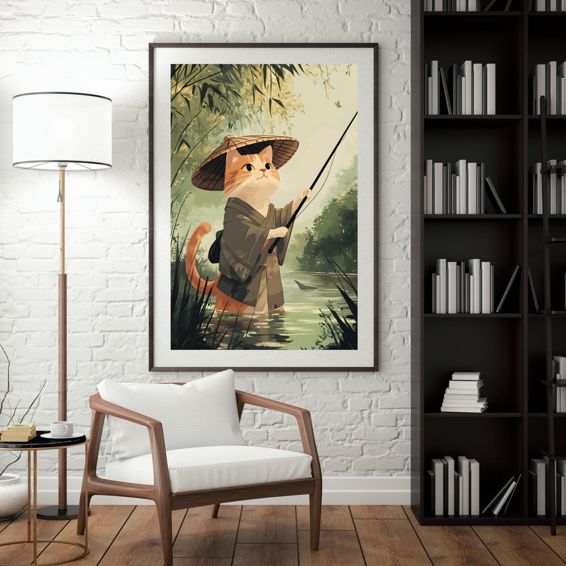 Japanese Cat Fisherman Poster Cute Cat Fishing Wall Art Japanese Vintage Cat Art Anime Cat In Kimono Whimsical Cat Illustration - Image 4