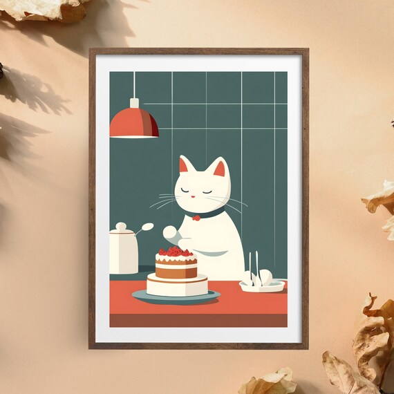 Cat Decorating Strawberry Cake Cute Kitchen Animal Nursery Art Poster