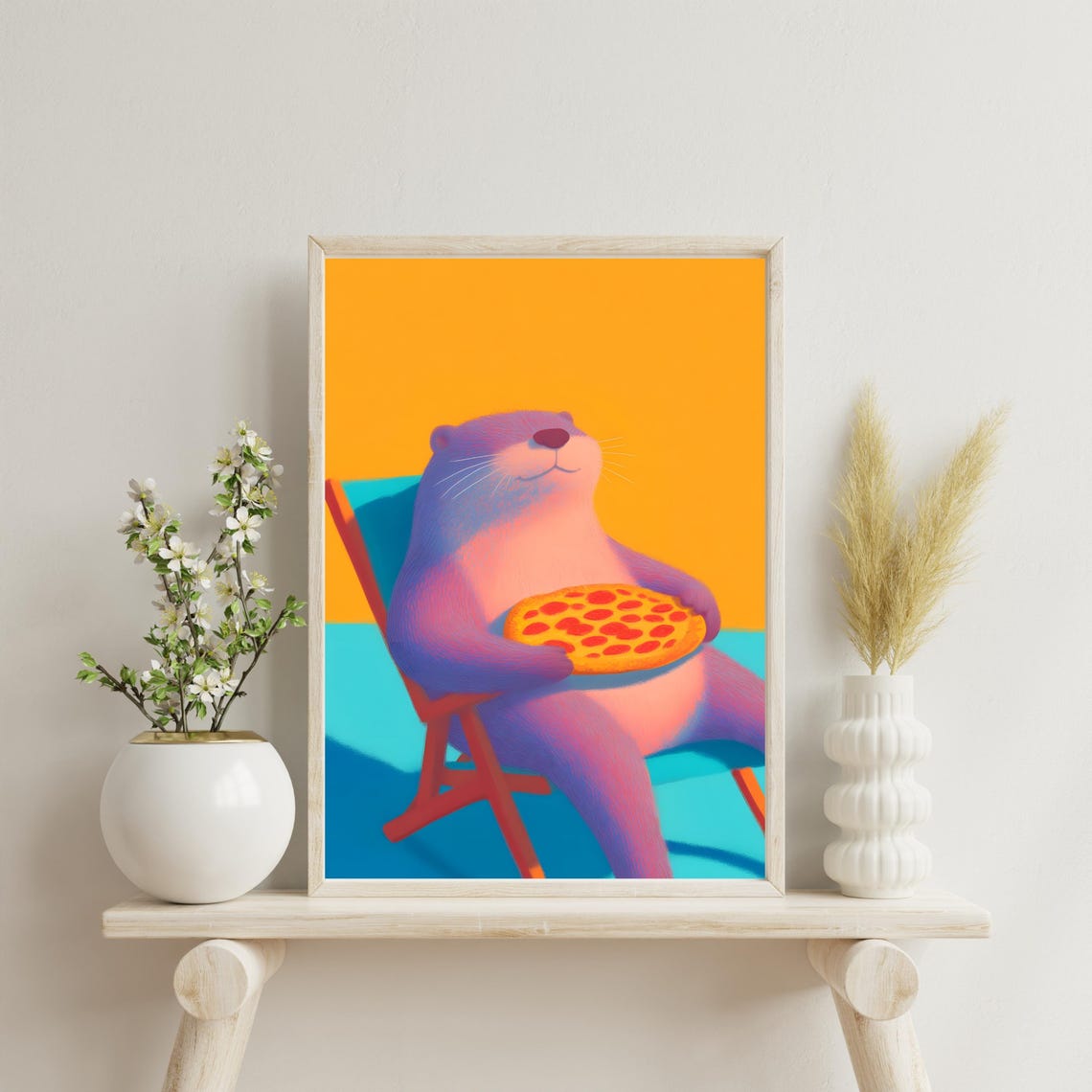 Relaxed Purple Otter Holding Pepperoni Pizza on Beach Chair Poster - Image 2