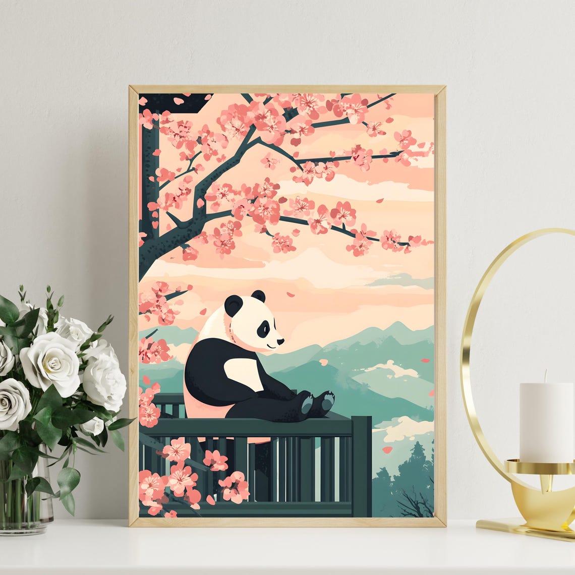 Panda Resting Under Cherry Blossoms At Mountain Sunset Poster - Image 2