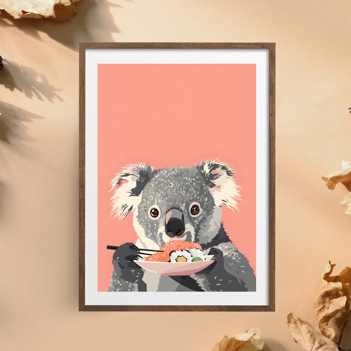Cute Koala Eating Sushi with Chopsticks on a Coral Background Poster - Image 5