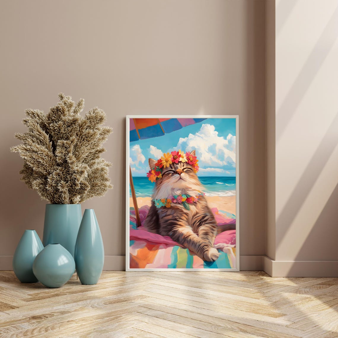 Fluffy Beach Cat With Flower Lei Sunbathing Under An Umbrella Poster - Image 2
