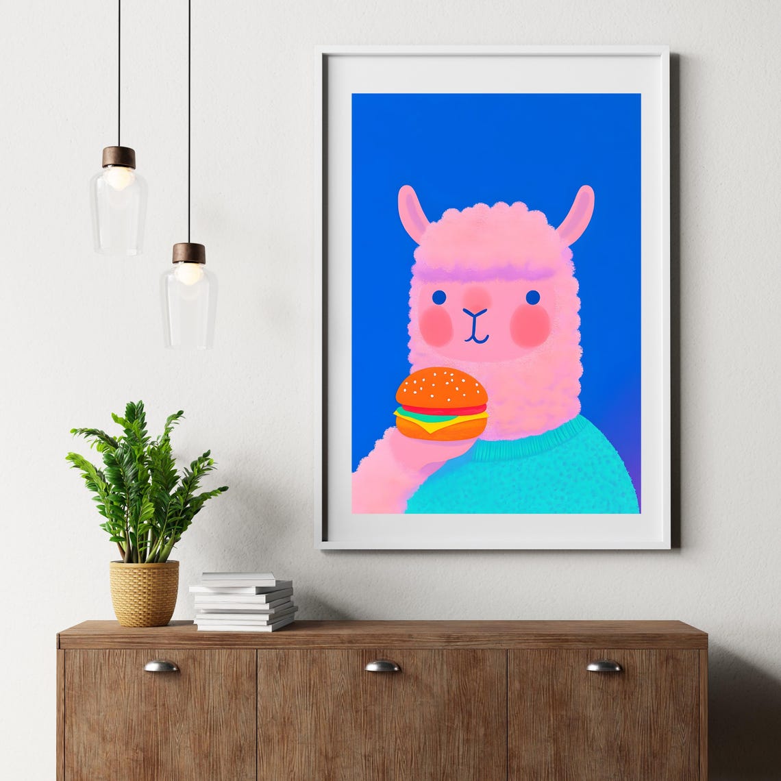 Cute Pink Llama Holding Cheeseburger on Bold Blue Background Poster - Image 2