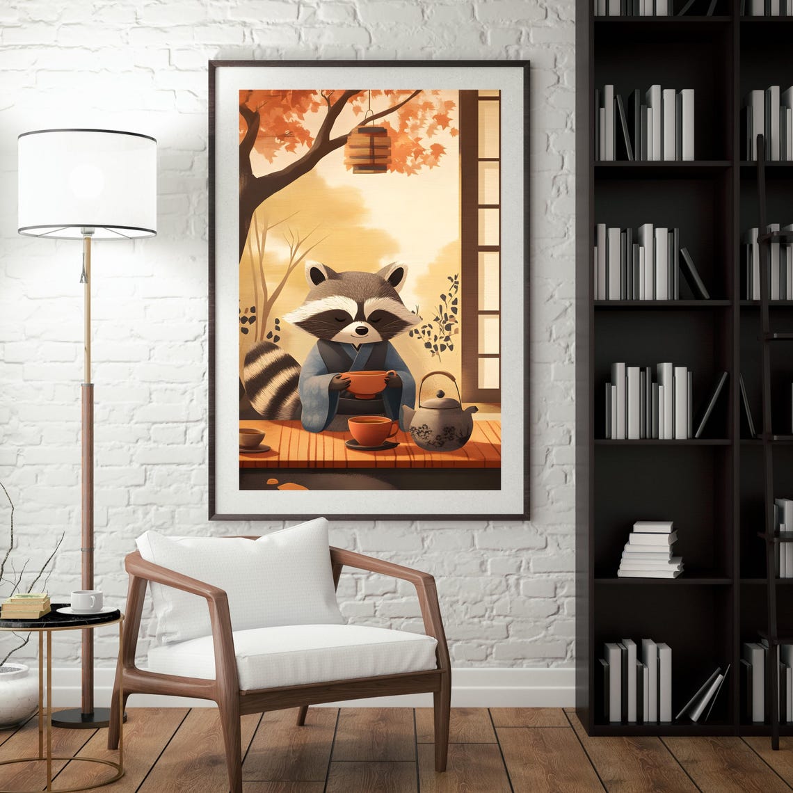 Japanese Tea Ceremony Raccoon in Kimono Autumn Garden Poster - Image 4