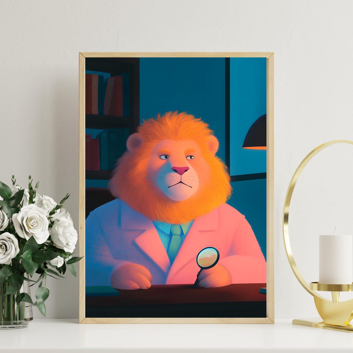 Scholarly Lion in Lab Coat with Magnifying Glass at Desk Poster