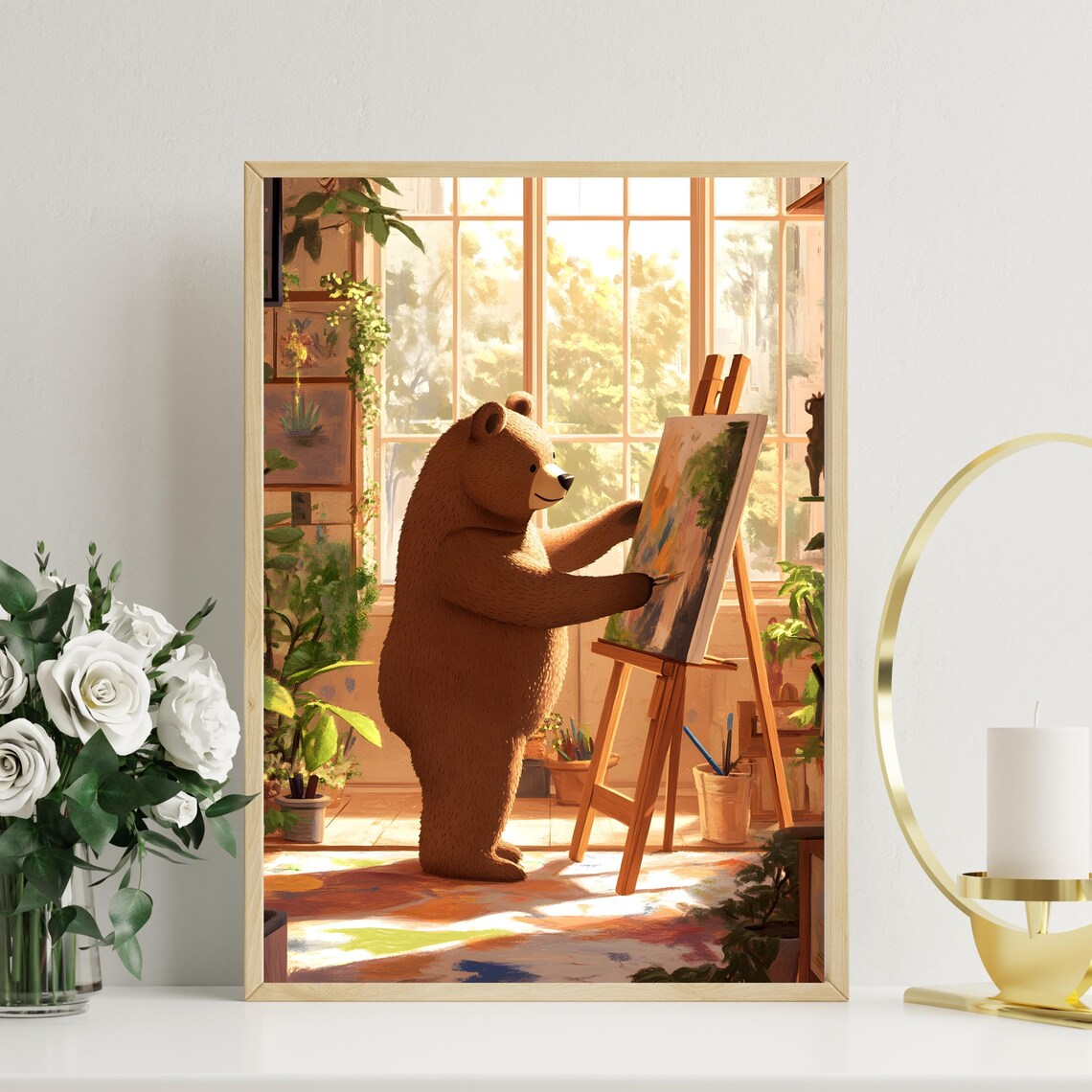 Creative Brown Bear Artist Painting at an Easel in a Sunny Studio Poster - Image 2