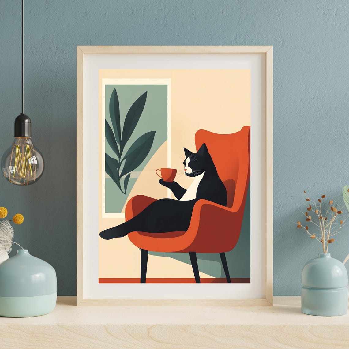 Black and White Cat Sipping Coffee in Orange Armchair Poster - Image 3