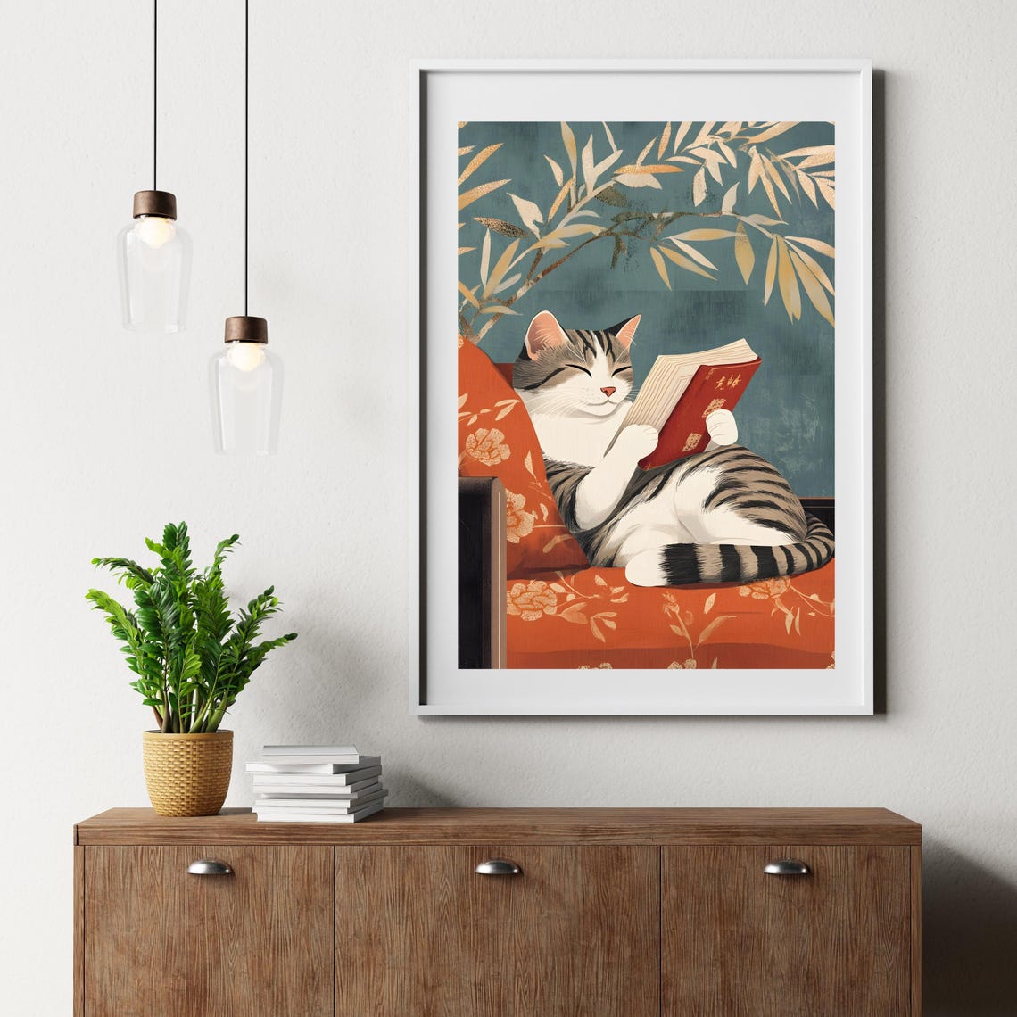 Cat Reading Book Japanese Style Cozy Tabby Animal Nursery Art Poster - Image 6