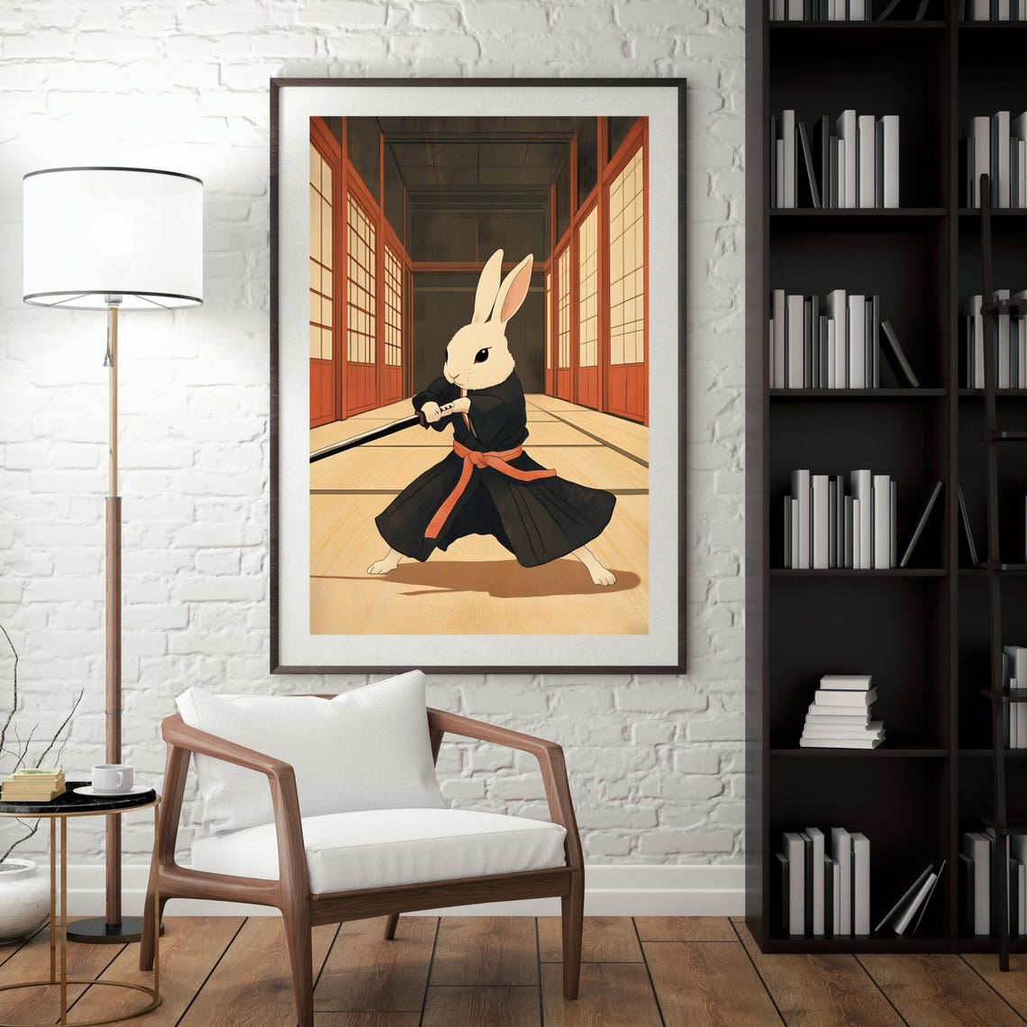 White Rabbit Samurai Wielding Katana in Japanese Dojo Hall Poster - Image 2