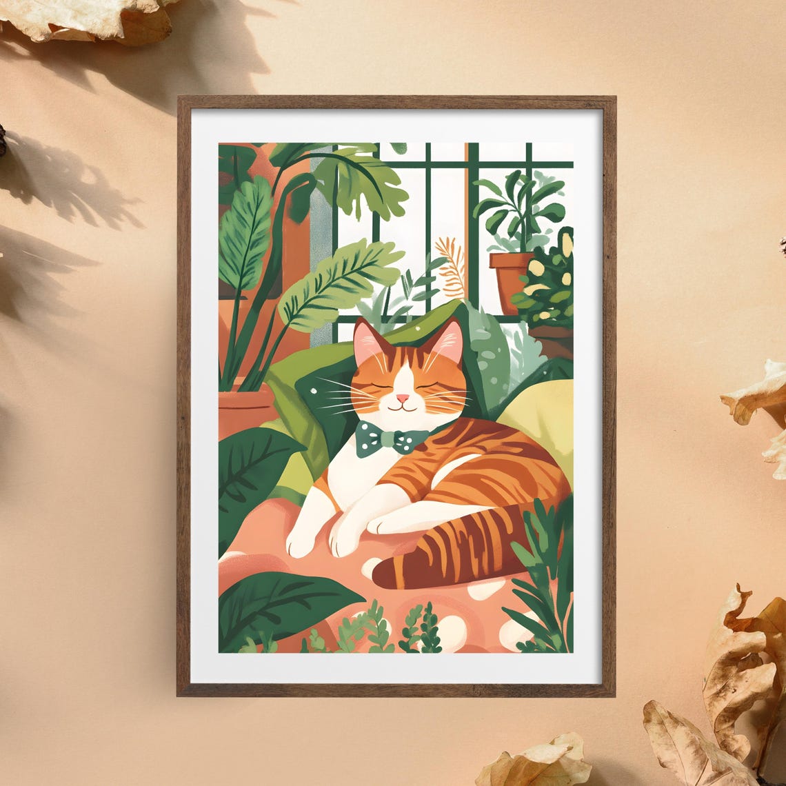 Ginger Tabby Cat Napping In A Bow Tie Among Lush Houseplants Poster - Image 5
