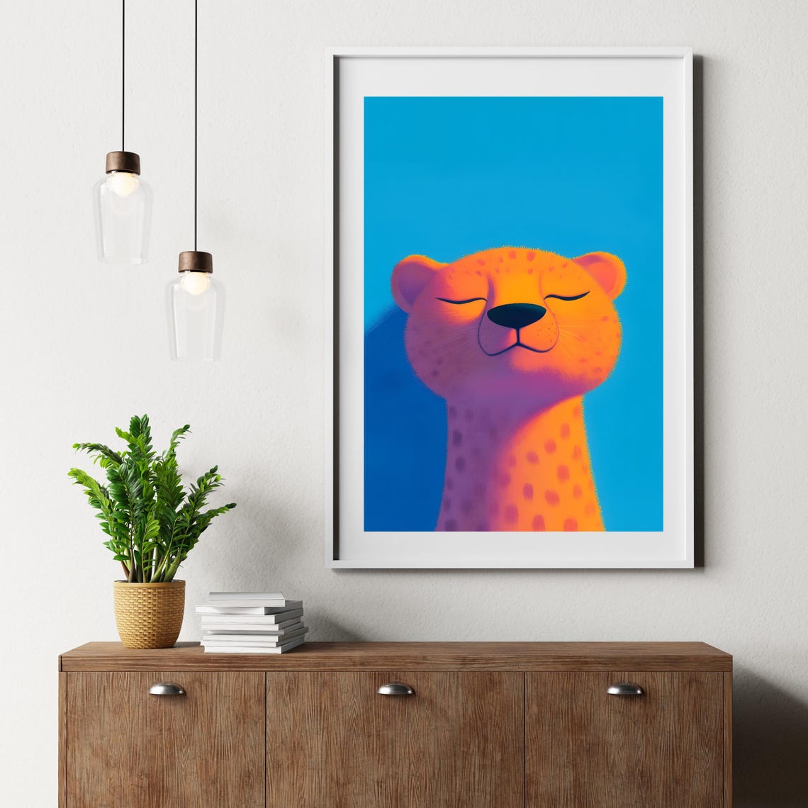 Happy Orange Cheetah Face With Closed Eyes Blue Background Poster - Image 2