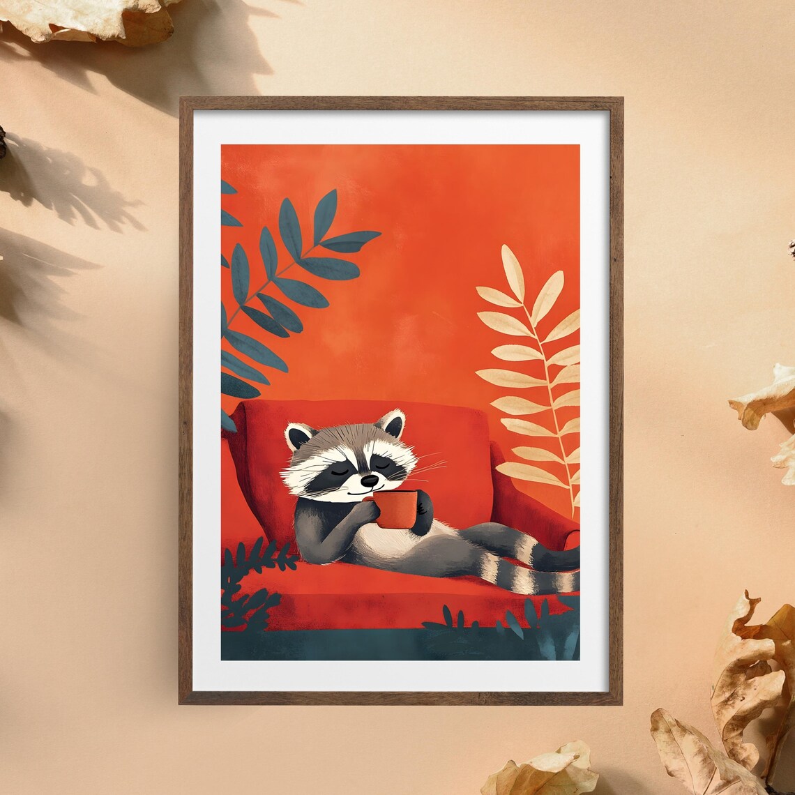 Sleepy Raccoon Lounging on a Red Sofa Holding a Coffee Cup Poster - Image 5