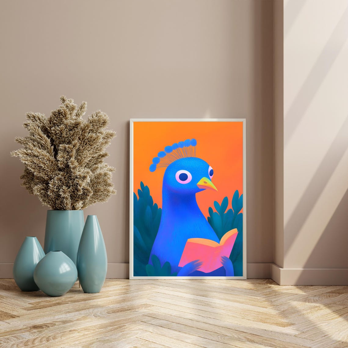 Blue Peacock Reading A Pink Book On Orange Background Art Poster - Image 4