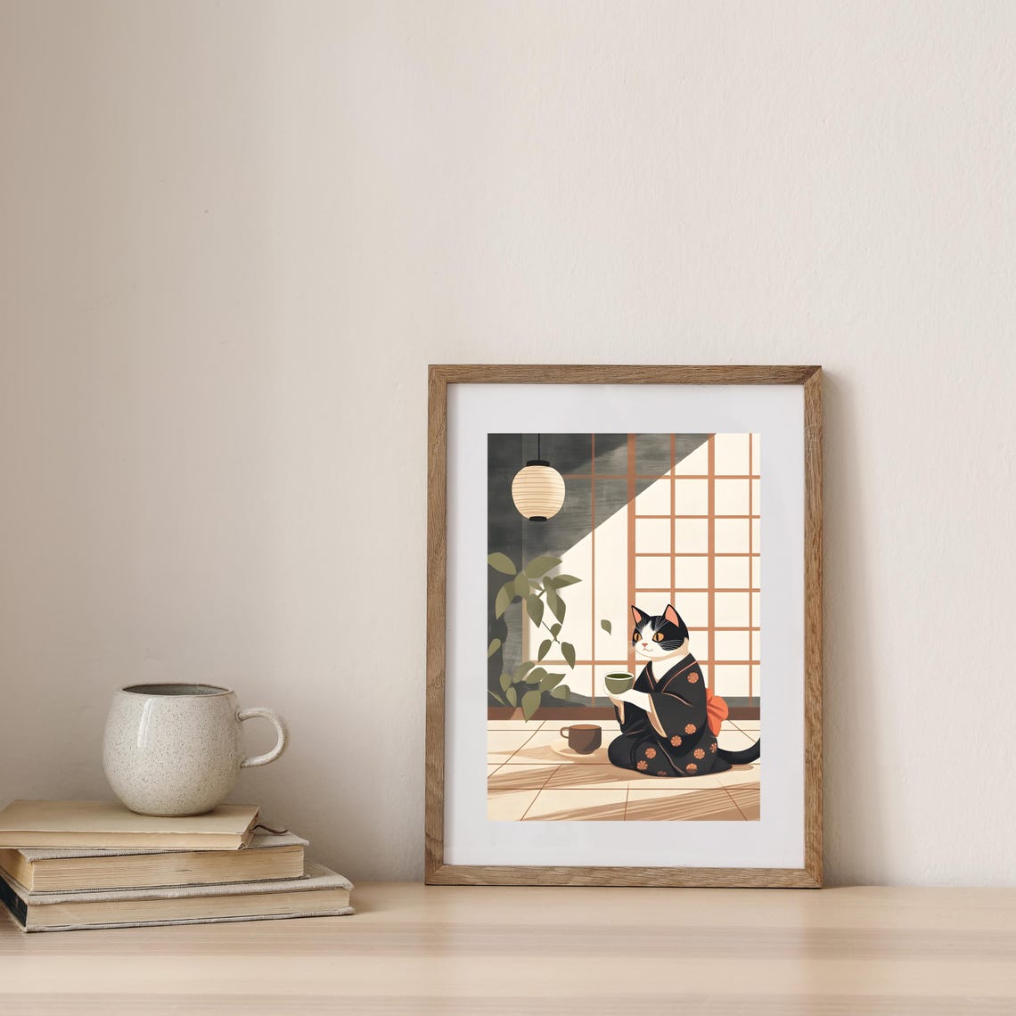 Black and White Cat in Kimono Drinking Tea by Shoji Screen Poster - Image 7