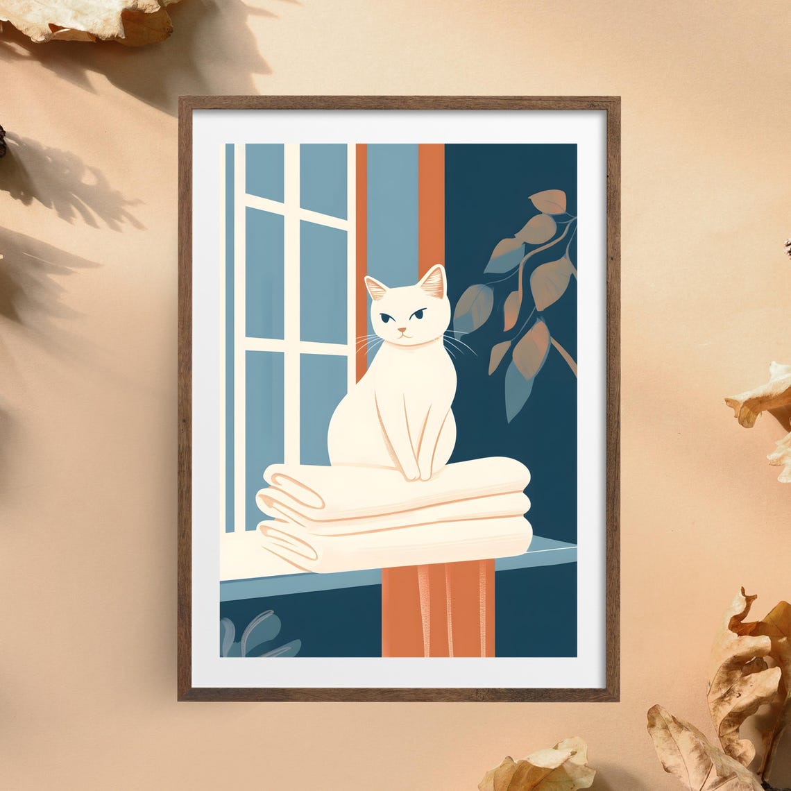 White Cat Sitting On Towels By A Window Mid Century Style Print - Image 3