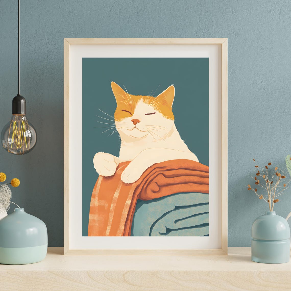 Cozy Orange Cat Hugging Folded Blankets on a Teal Background Poster