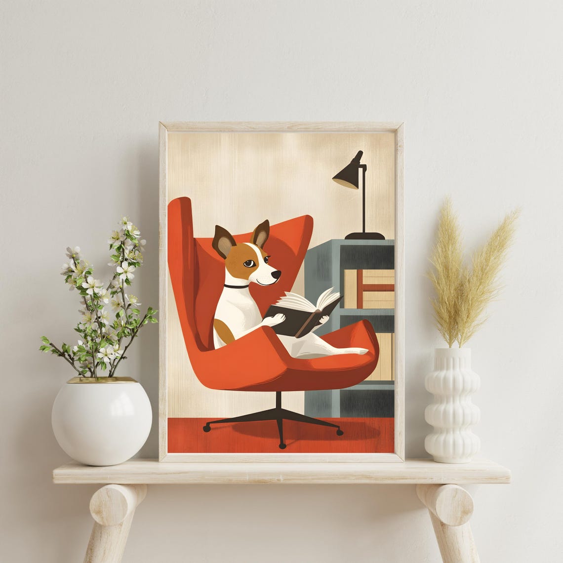 Jack Russell Dog Reading A Book In A Red Armchair Mid Century Poster - Image 4